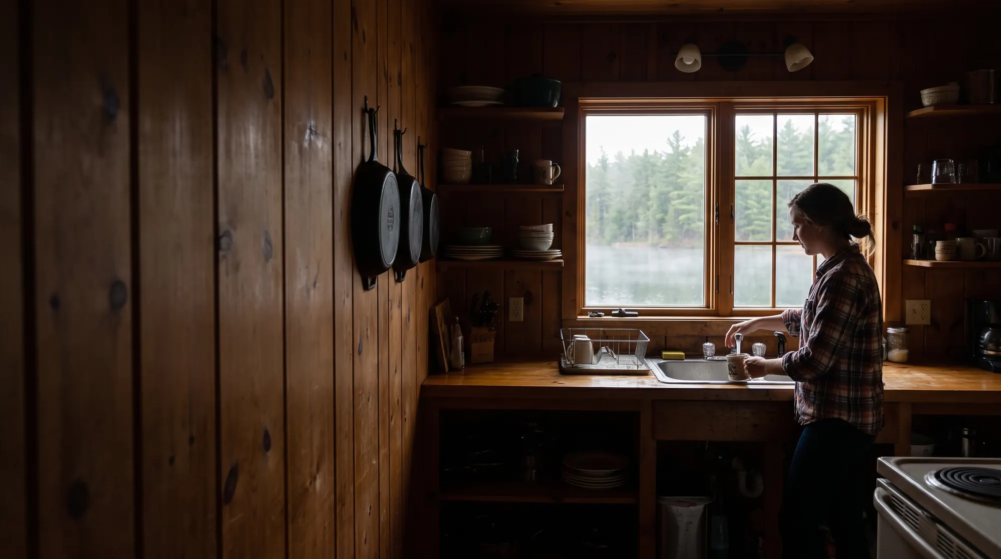 AI-generated illustration of a woman rinsing a coffee mug at a window sink in a lakeside cabin kitchen, a calm lake and pines through the window
