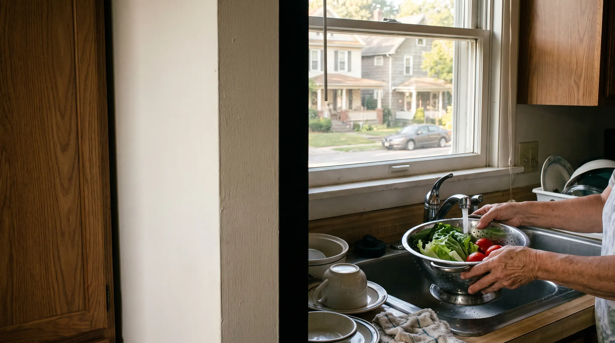 AI-generated illustration of hands rinsing fresh lettuce and tomatoes under a kitchen faucet, a tree-lined residential street through the window