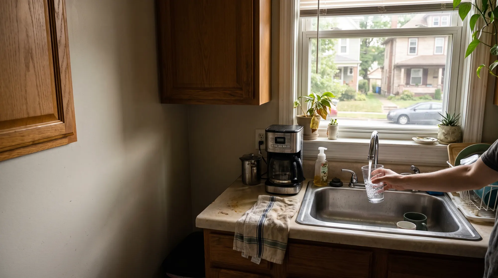 AI-generated illustration of a hand filling a glass at a kitchen faucet, a tree-lined residential street visible through the window above the sink