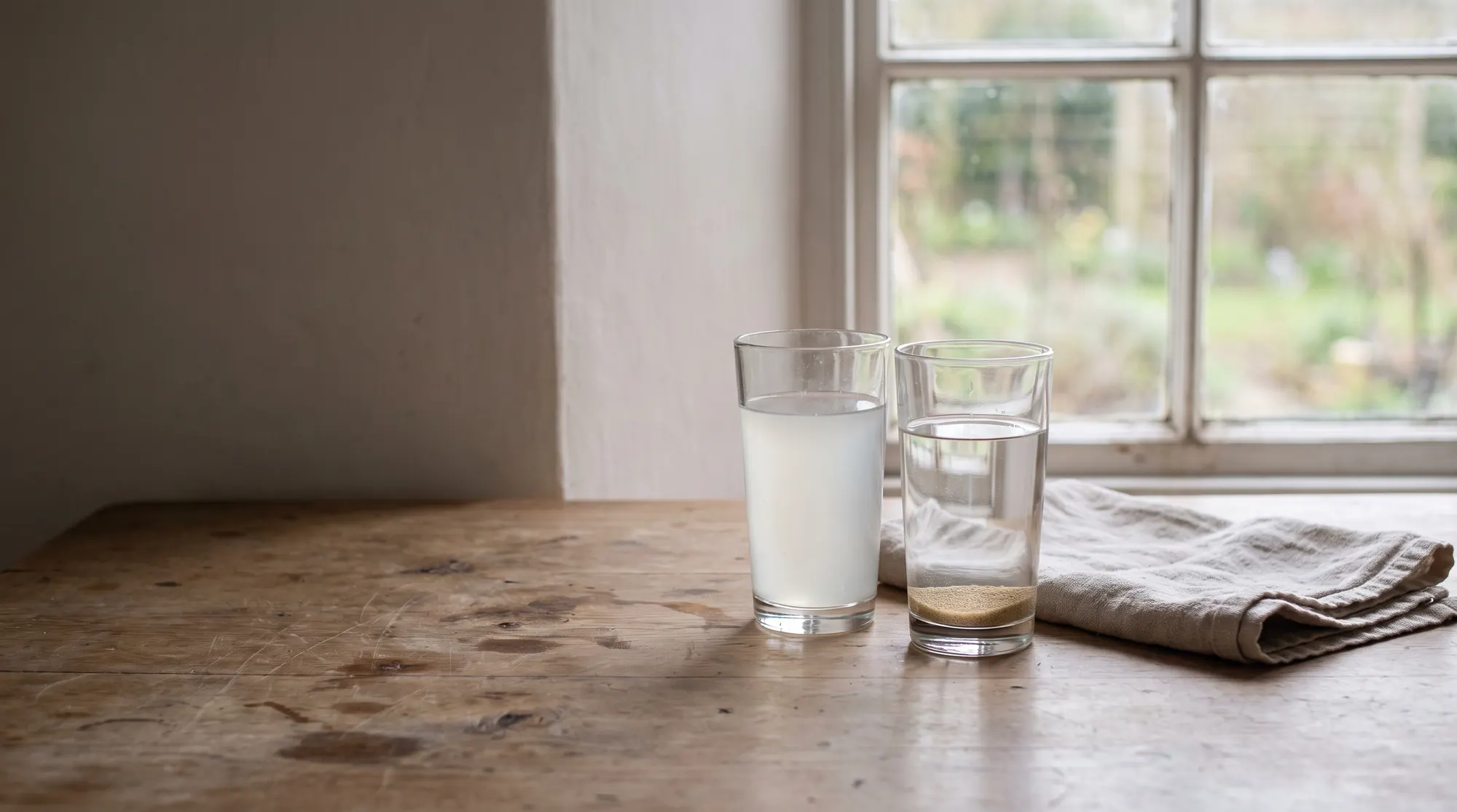 AI-generated illustration of two glasses of water on a farmhouse kitchen table, one cloudy and one clear with fine sand settled at the bottom