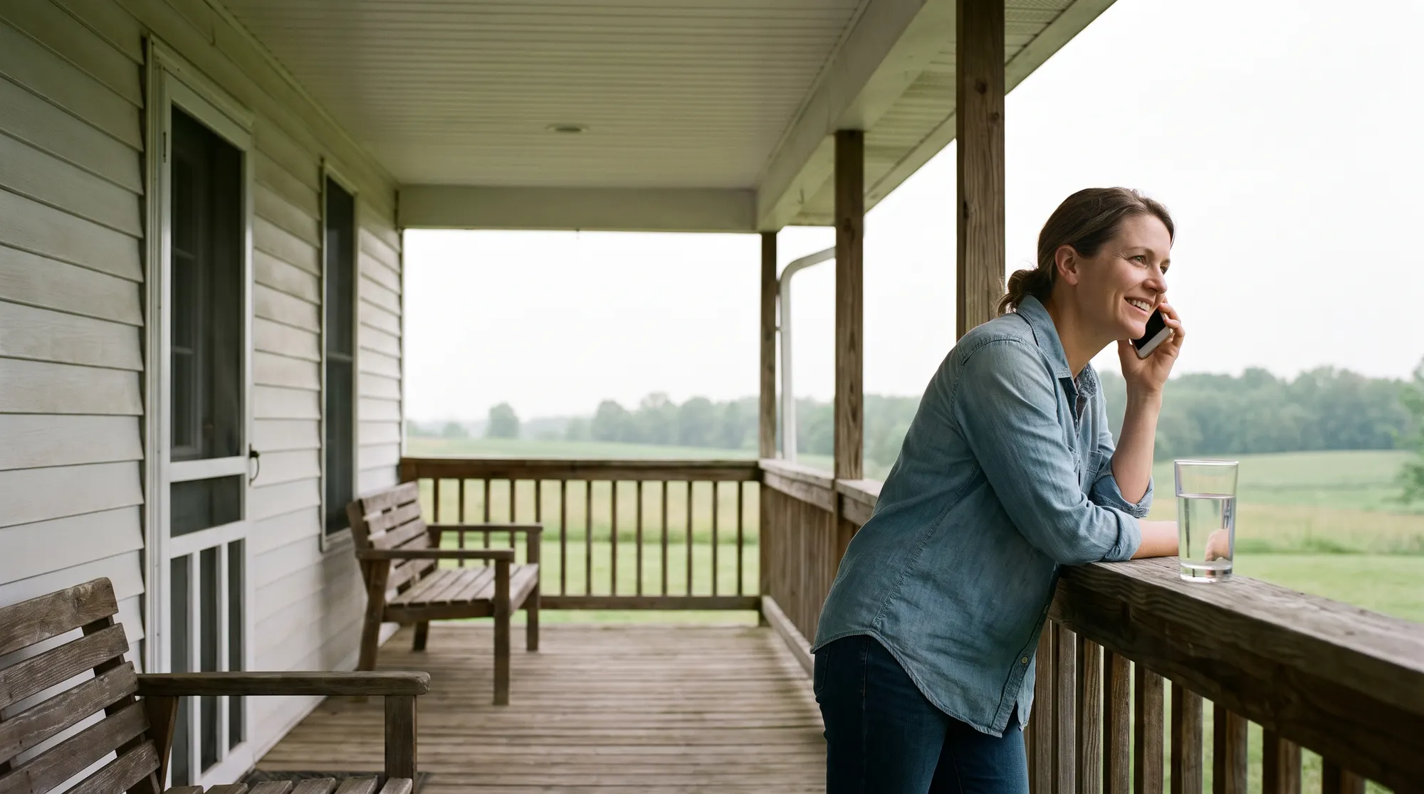 AI-generated illustration of a woman on the porch of a white farmhouse talking on the phone, a glass of clear water on the porch rail, green fields behind