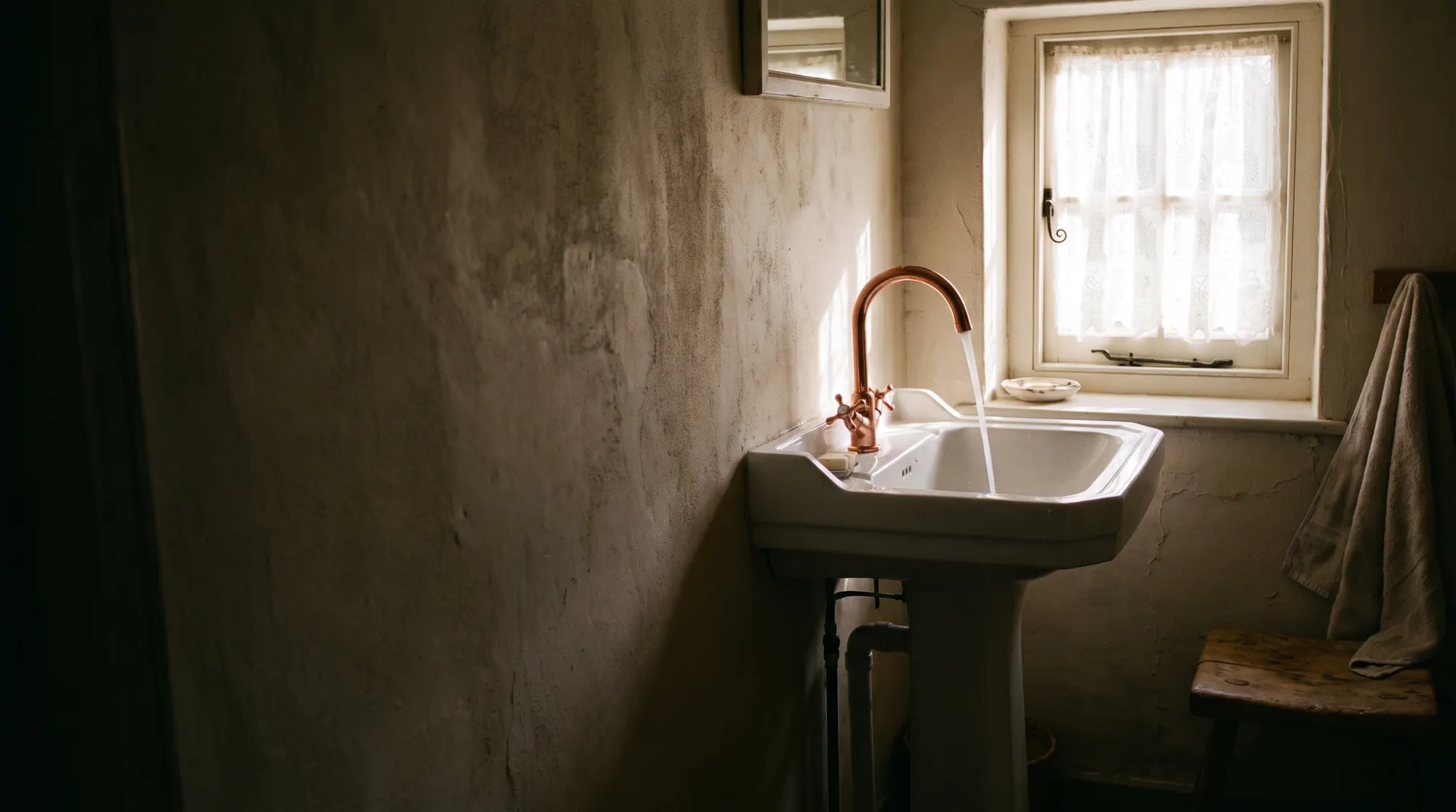 AI-generated illustration of a clean white pedestal sink with a polished copper faucet running clear water in a small cottage bathroom, morning light
