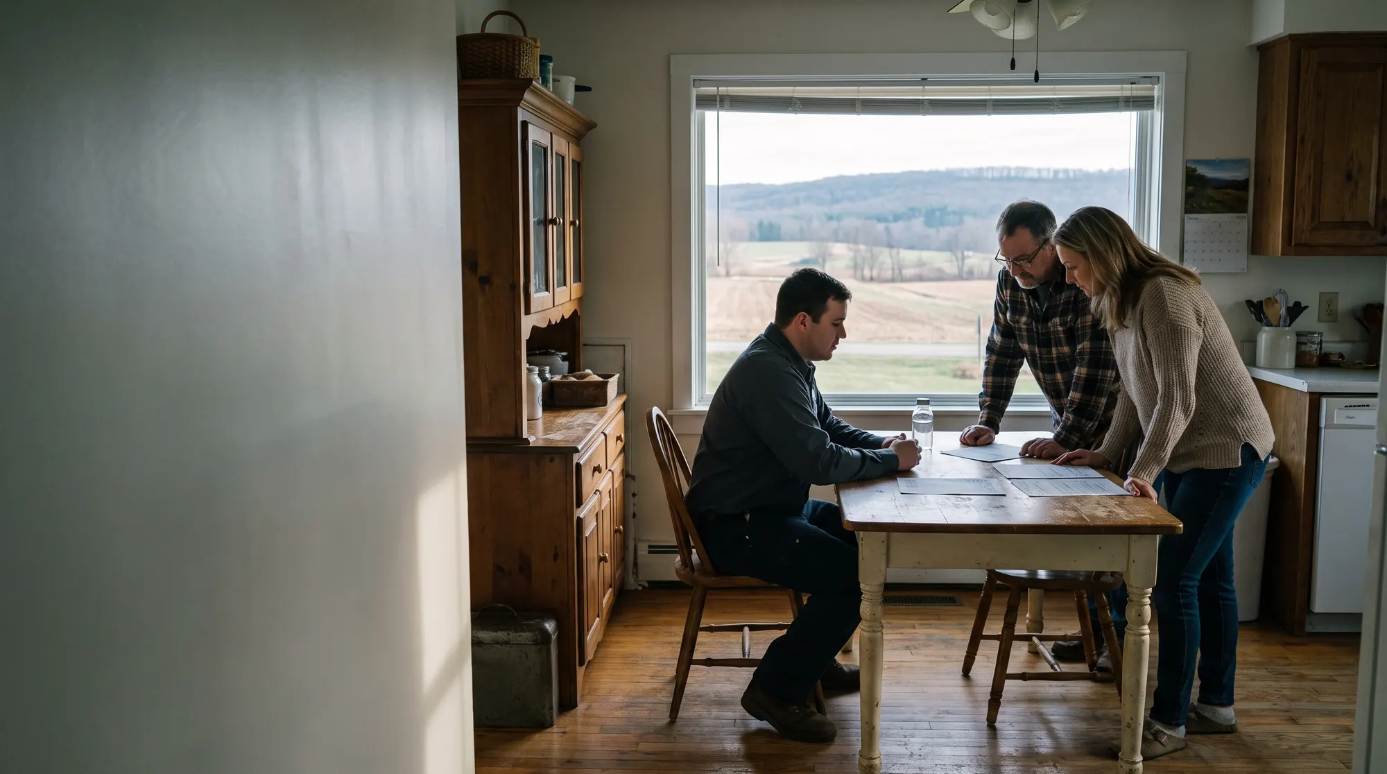 AI-generated illustration of a water technician and a homeowner couple at a farmhouse kitchen table looking over printed test sheets and a small sample bottle, farmland in the window