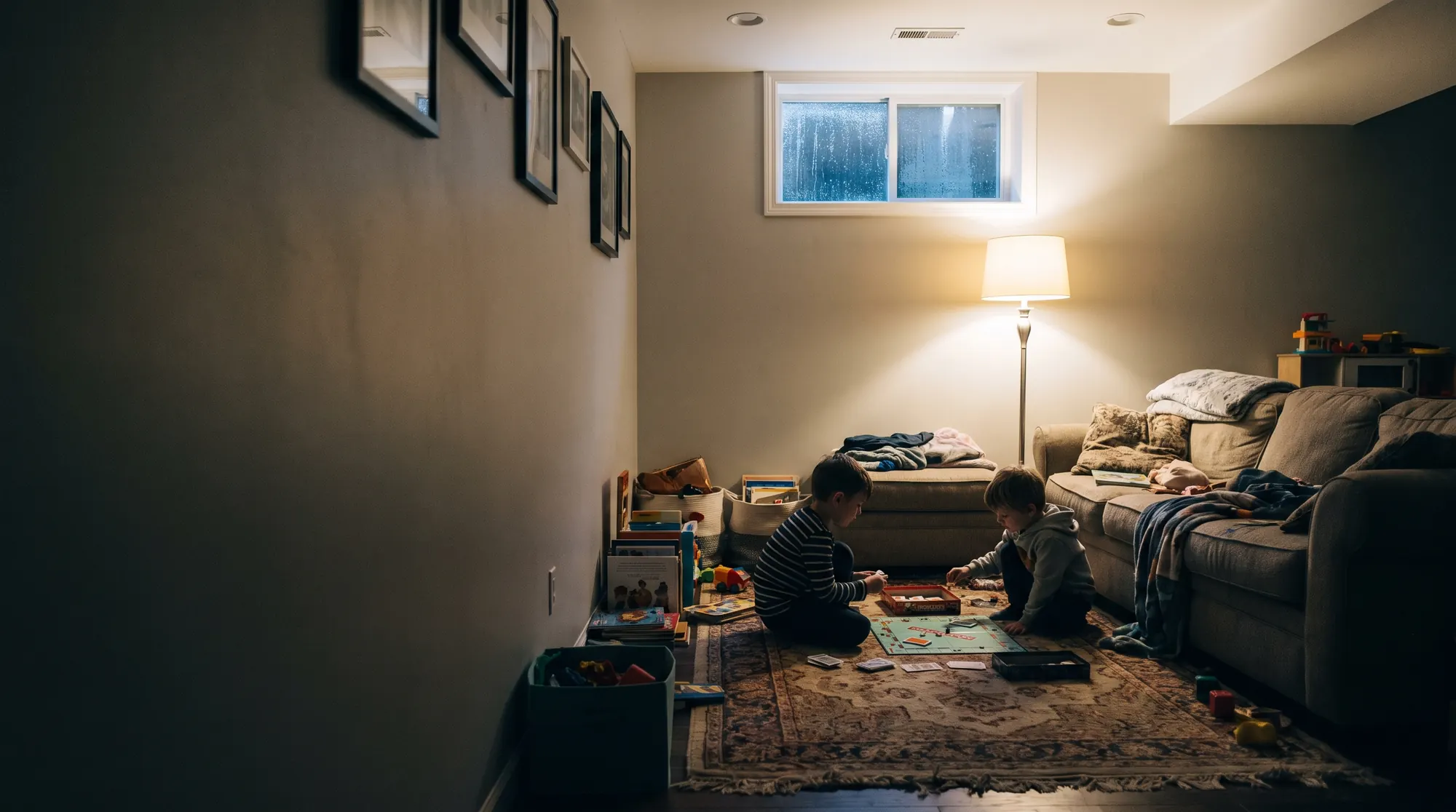 AI-generated illustration of two children playing a board game on a rug in a finished basement family room, rain streaking the small high window above them