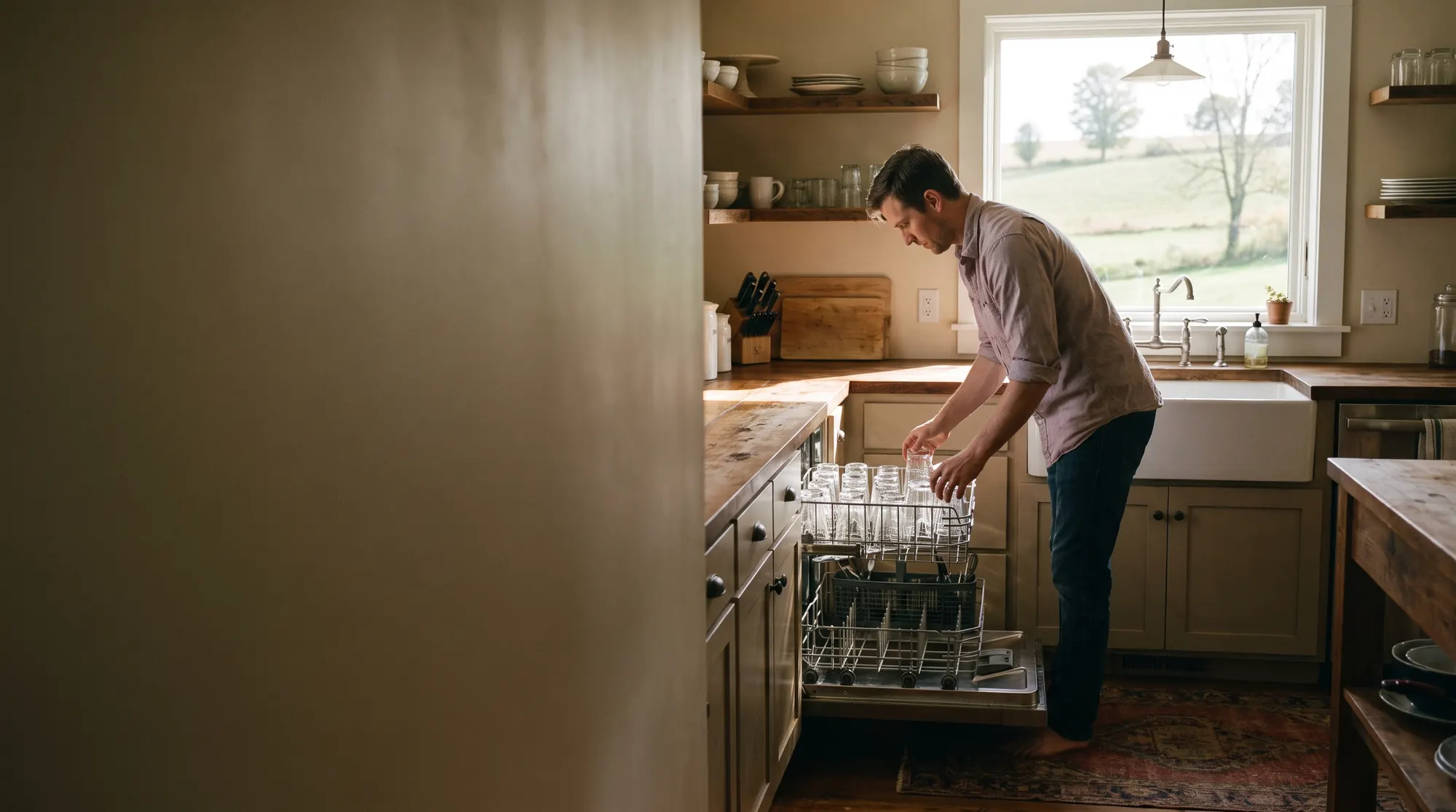 AI-generated illustration of a man unloading sparkling clear drinking glasses from a dishwasher rack in a bright farmhouse kitchen, morning light