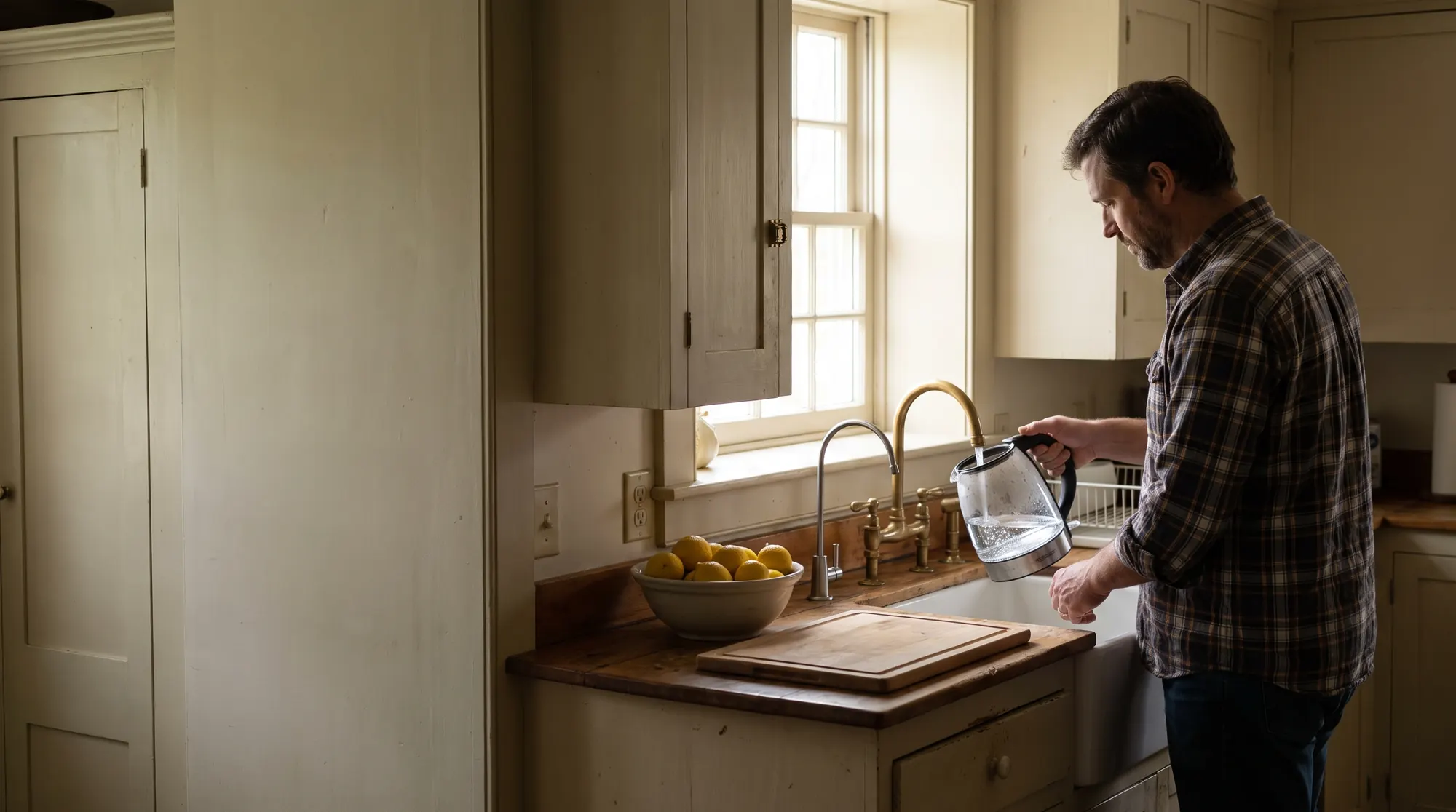 AI-generated illustration of a man filling a glass kettle from a small secondary faucet beside the main tap in a farmhouse kitchen, morning light over the sink