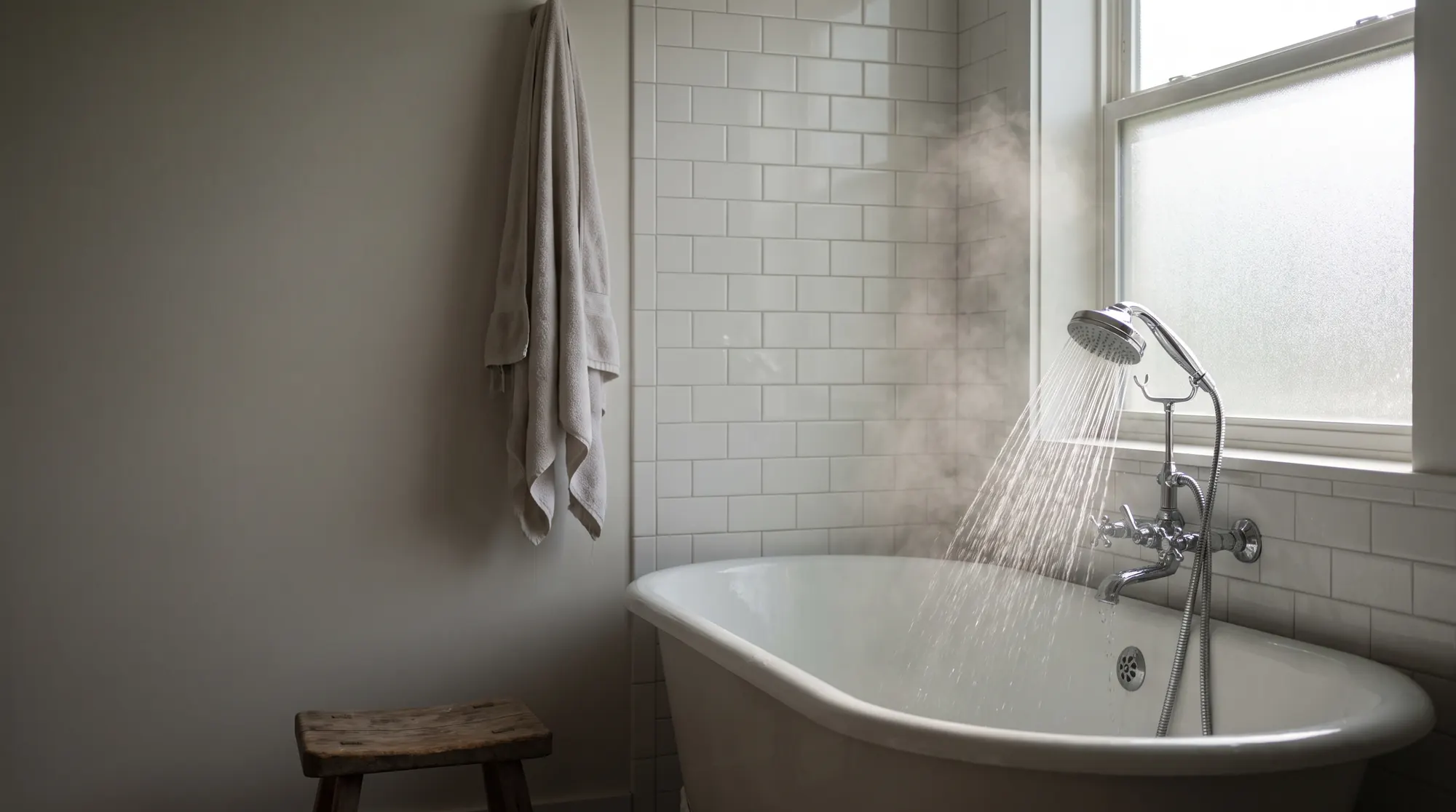 AI-generated illustration of a chrome shower head running a clean spray of clear water into a white tub in a bright farmhouse bathroom