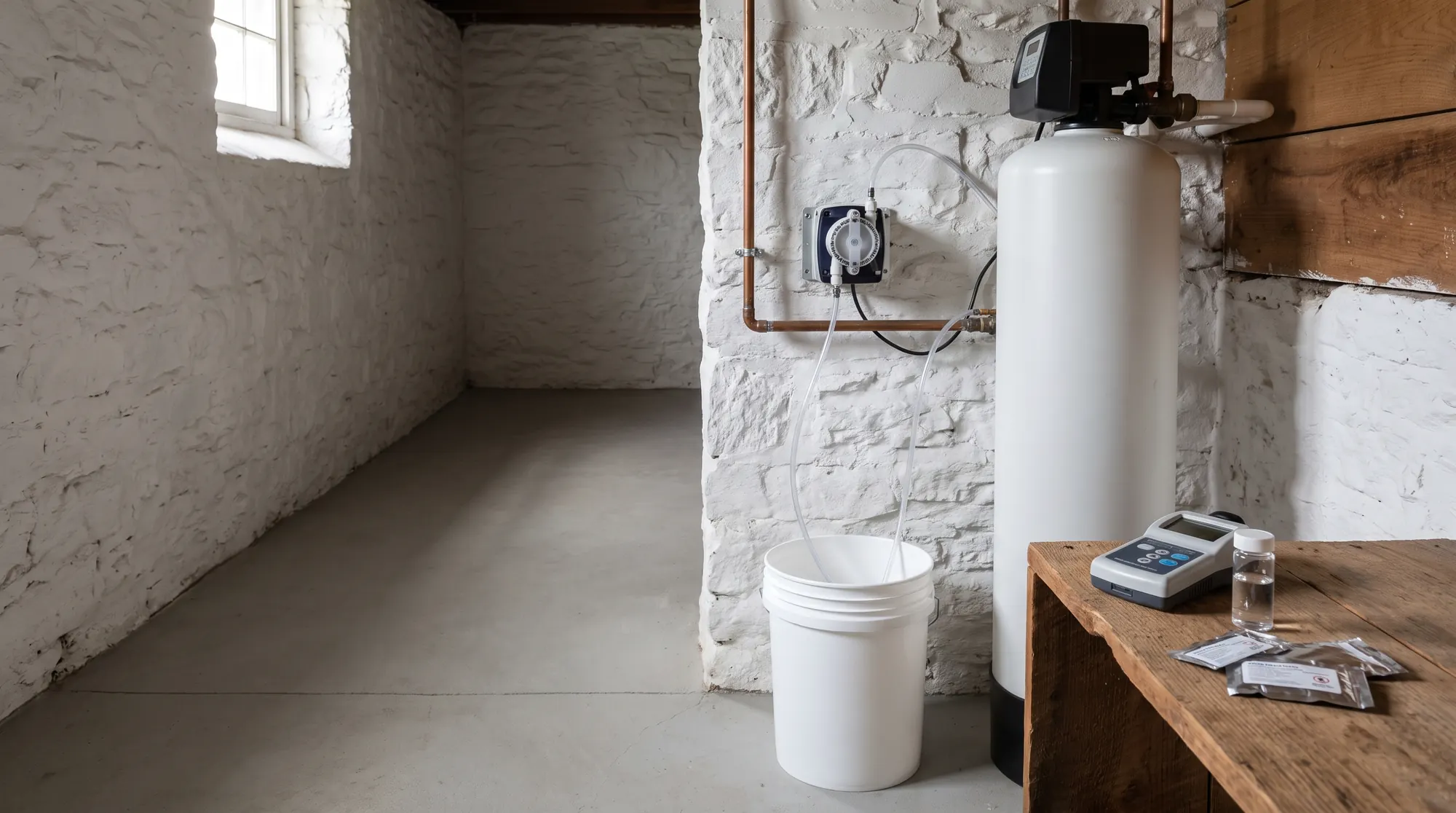 AI-generated illustration of a farmhouse basement with a water treatment tank, a wall-mounted chemical feed pump, and a chlorine test meter on a shelf