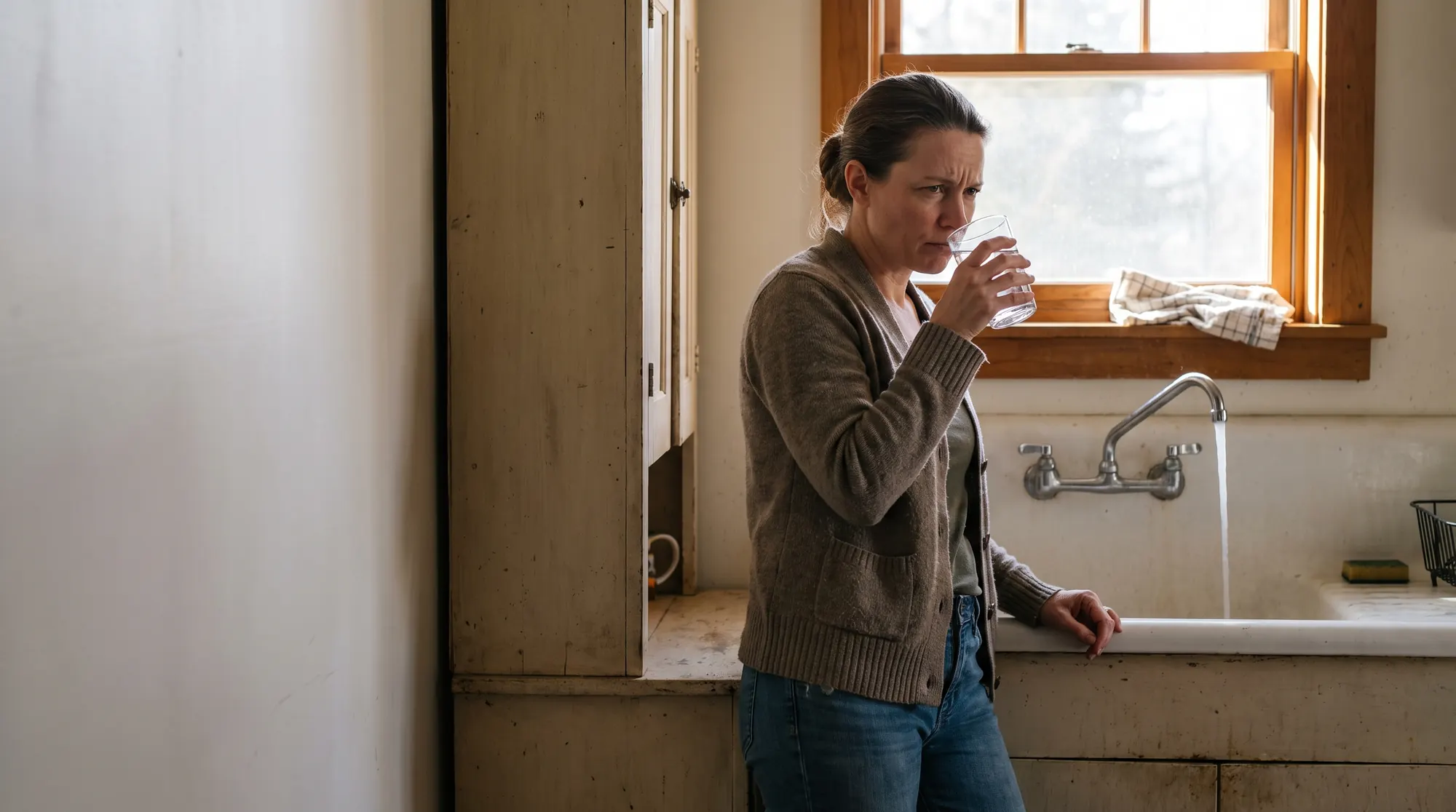 AI-generated illustration of a woman at a farmhouse kitchen sink holding a glass of water up to her nose with a doubtful expression