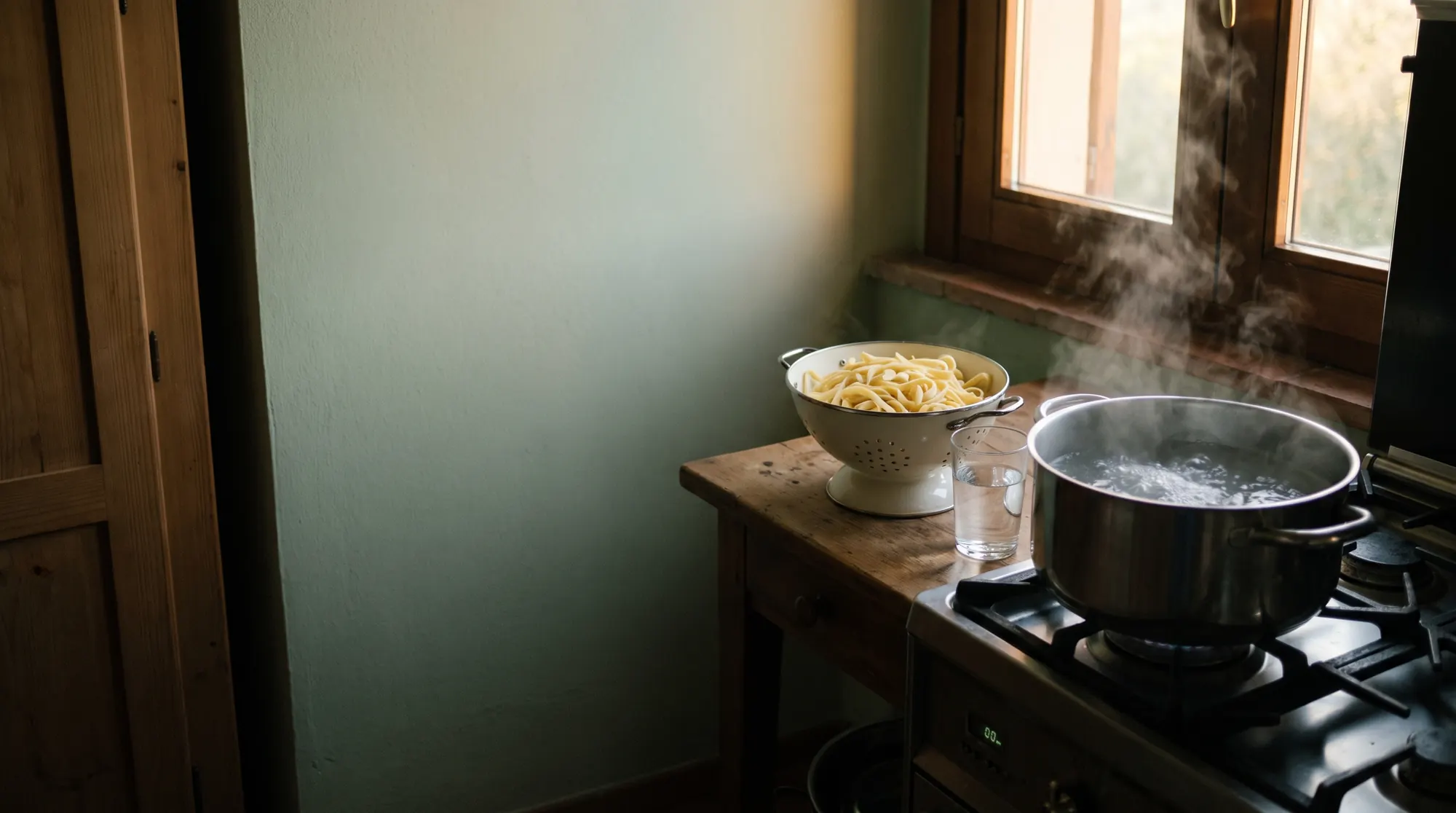 AI-generated illustration of a pot of clear water coming to the boil on a farmhouse range, a colander of pasta and a glass of water beside it