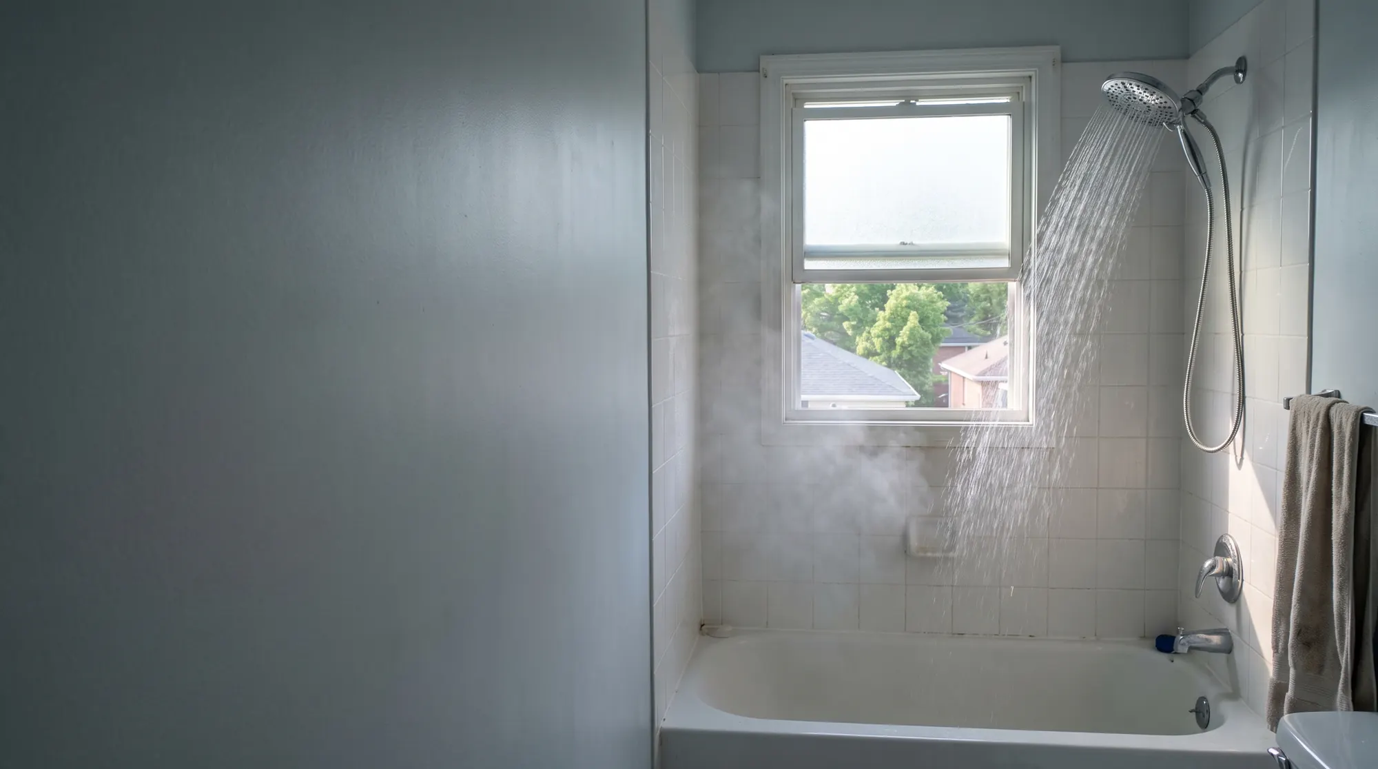 AI-generated illustration of a chrome shower head running a full strong spray into a white tub in a bright second-floor bathroom, treetops in the window