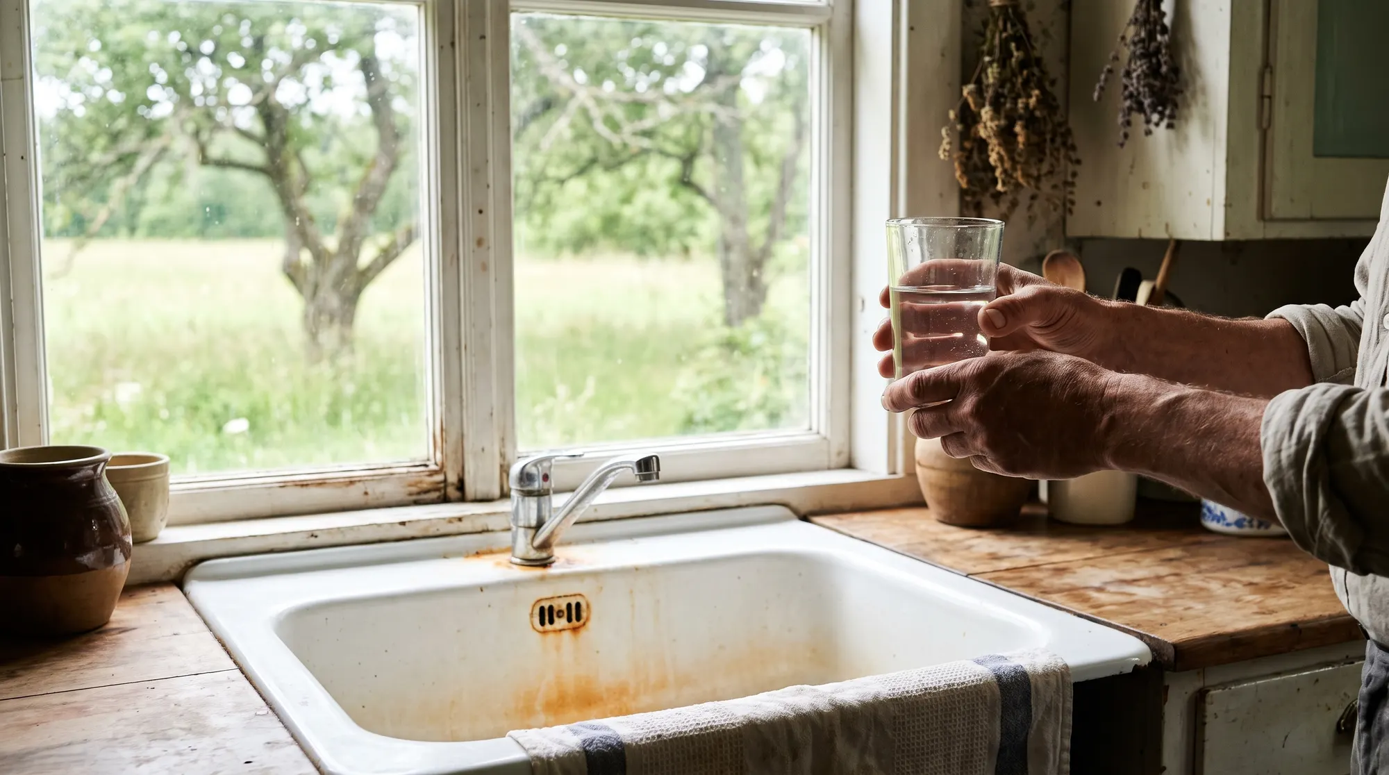 AI-generated illustration of hands holding a glass of water up to a farmhouse window, above an enamel sink with orange iron staining