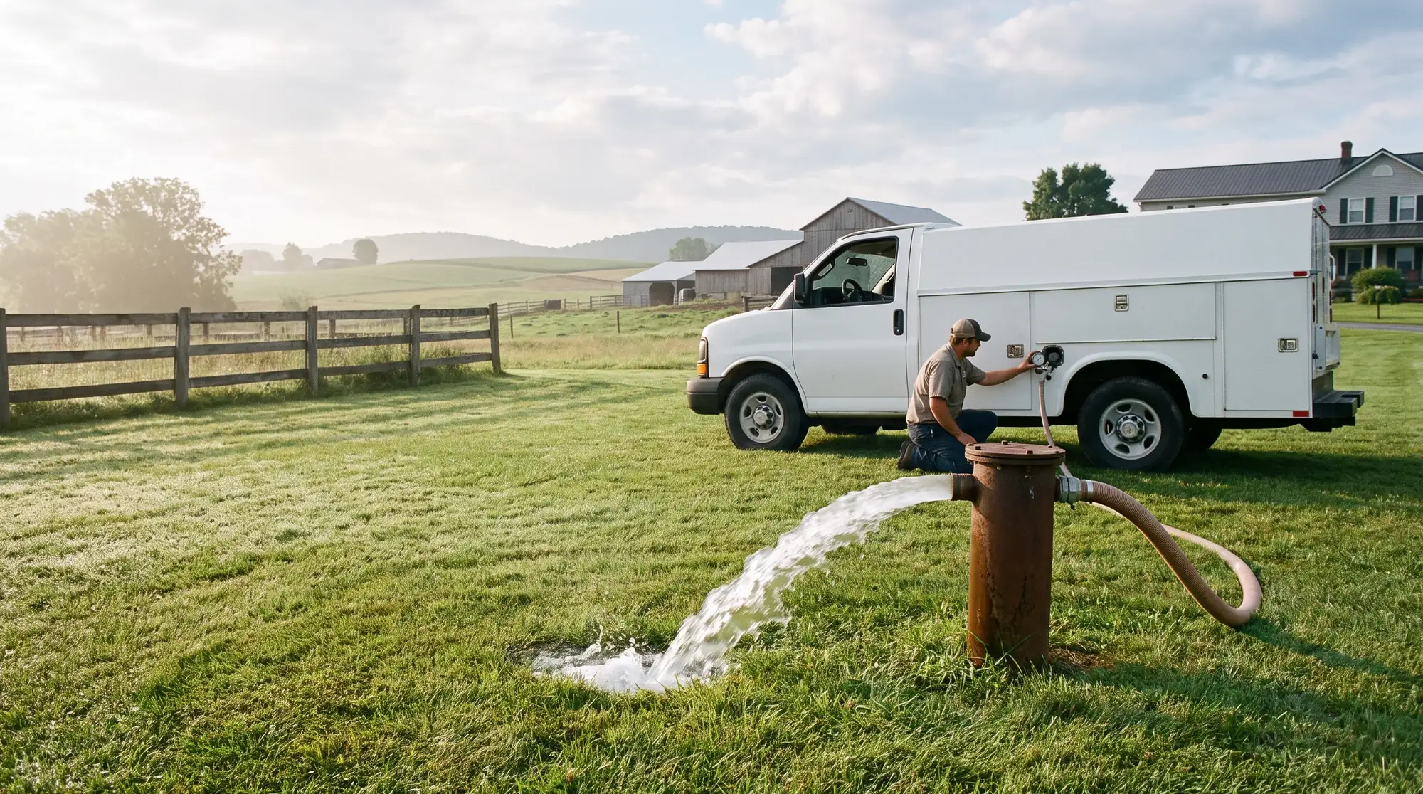 AI-generated illustration of a steel well casing in a farm lawn with a discharge hose running clear water across the grass, a technician checking a gauge beside a white service truck