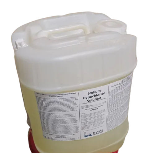 Five-gallon white carboy labelled sodium hypochlorite solution